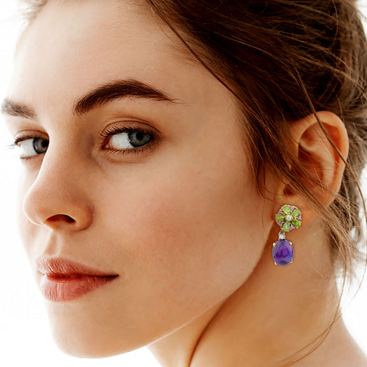 Örhängen med Ametist, Peridot och rosa Safir