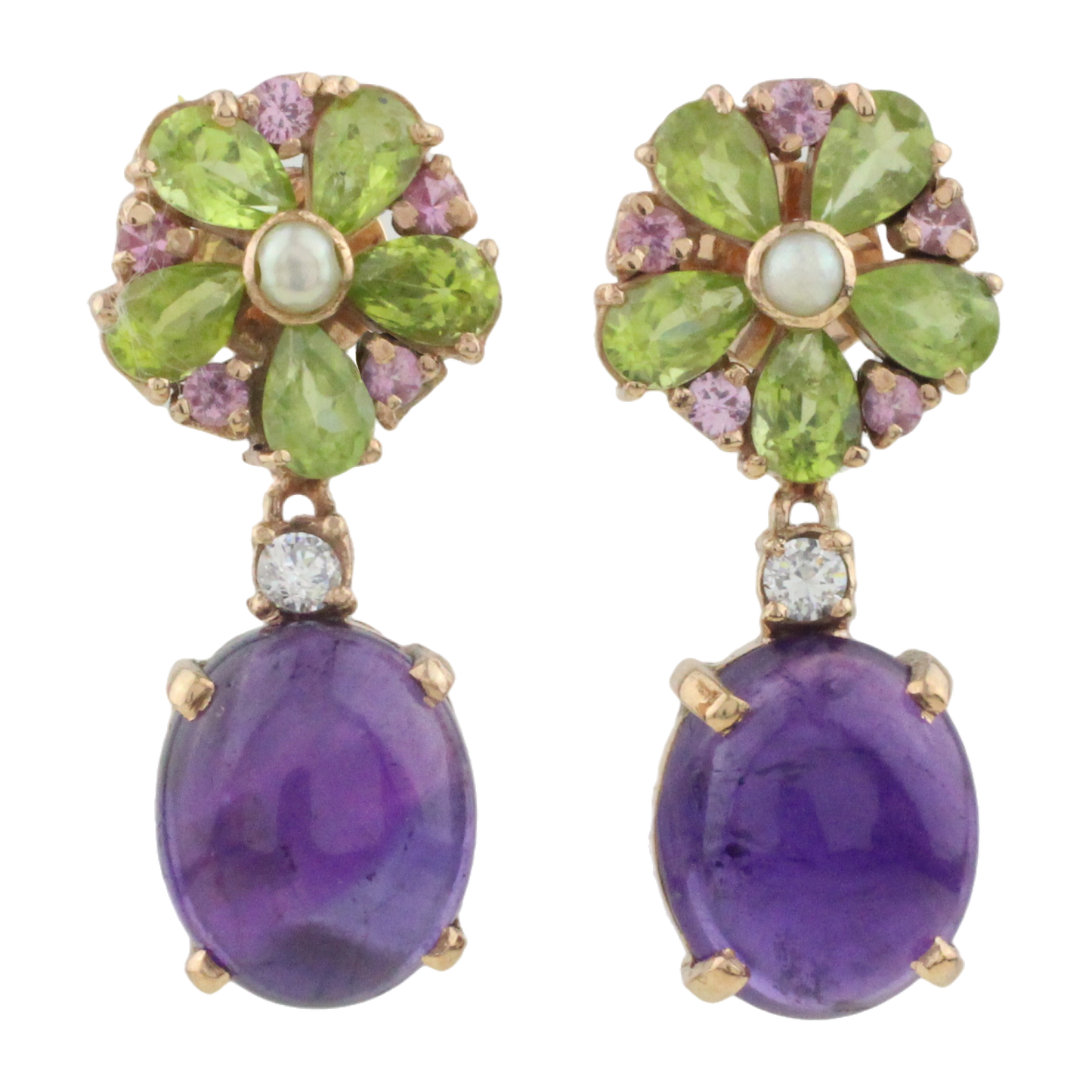 Örhängen med Ametist, Peridot och rosa Safir